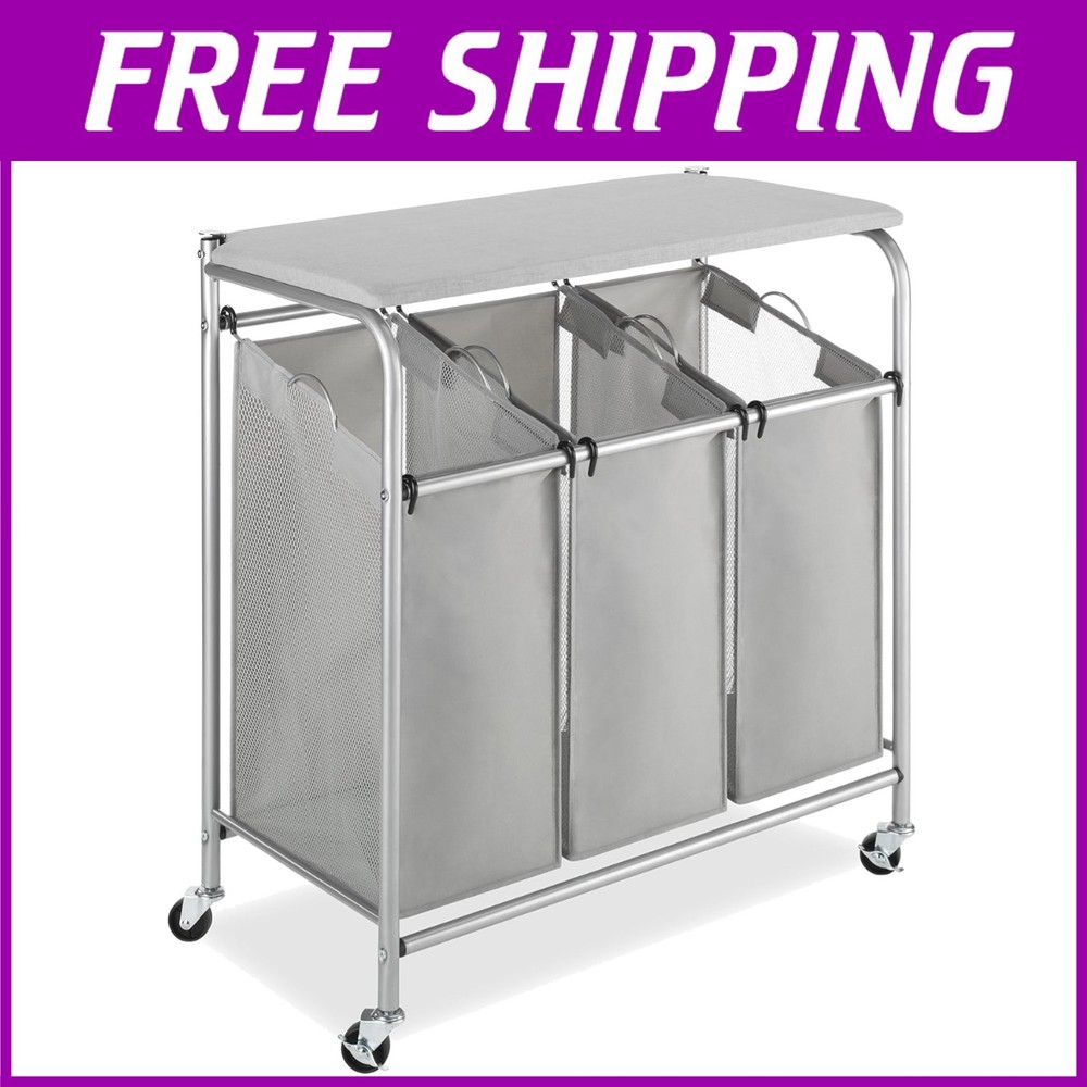 3 Section Rolling Laundry Sorter with Ironing Board