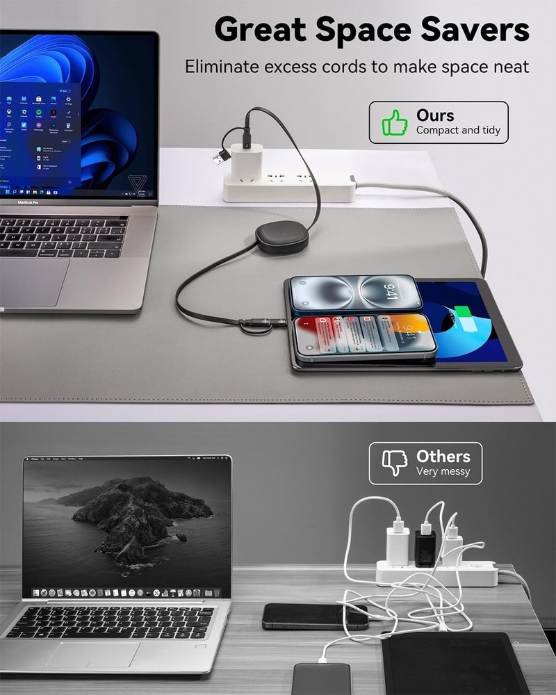 Multi Charging Cable, 2Pack 5 in 1 Retractable Lightning 4 feet, Black