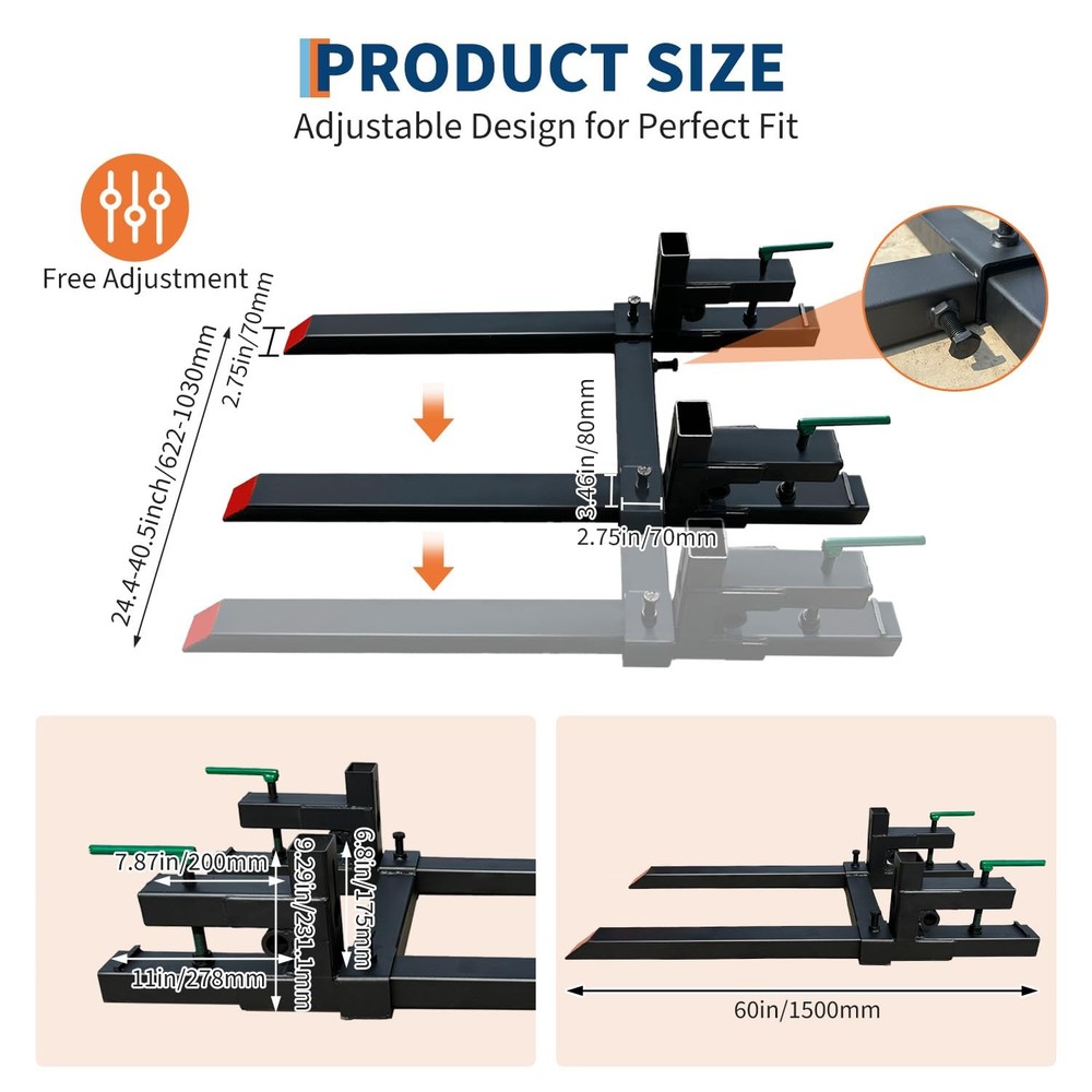 2000LB Quick Attach Loader Pallet Fork,60"Clamp On Pallet Forks W/Adjustable Bar