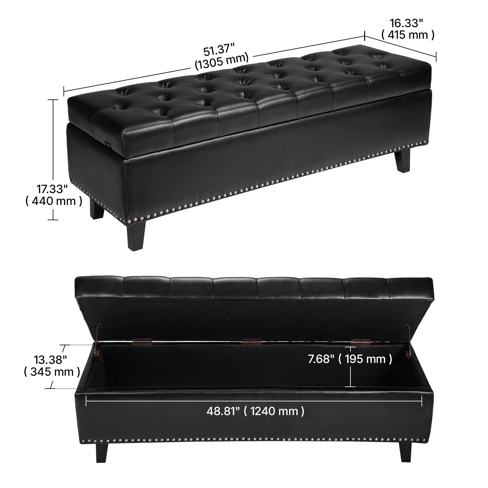 Uimoso Button-Tufted Storage Ottoman Bench PU Leather Bench with Wood Legs Black