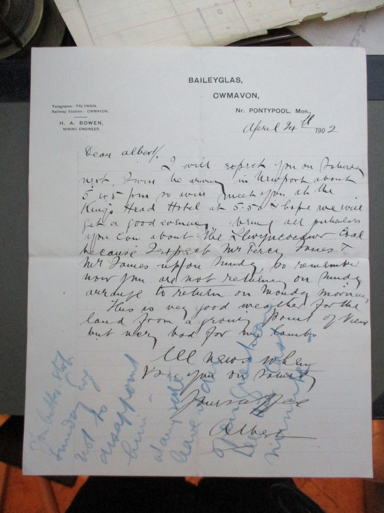 1902 letter from HA Bowen Mining Engineer, Talywain