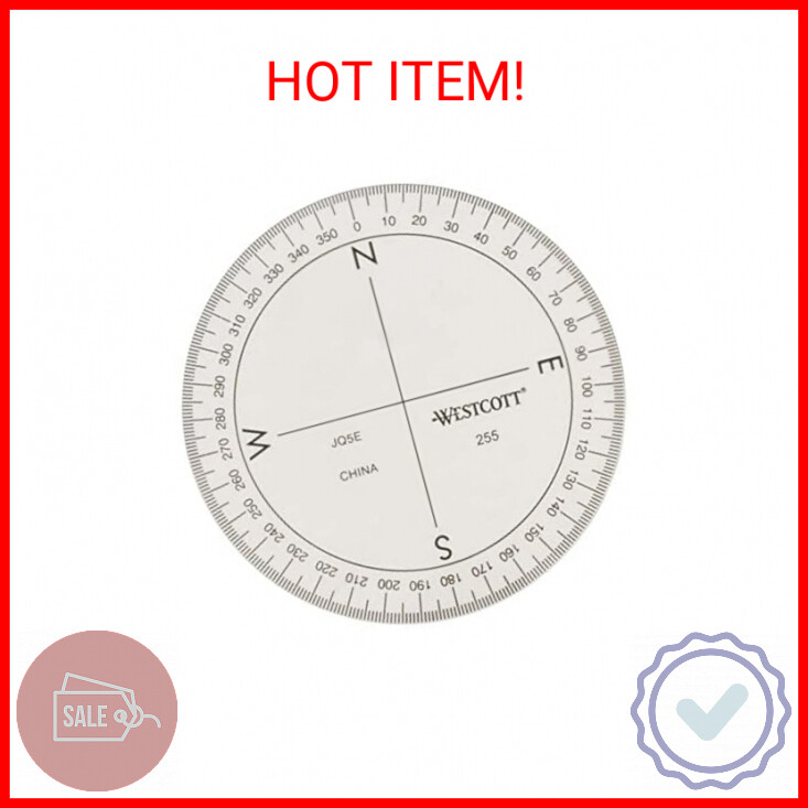 Westcott ‎360-Degree Protractor Compass for Drawing and Drafting, Clear, 3.5 in