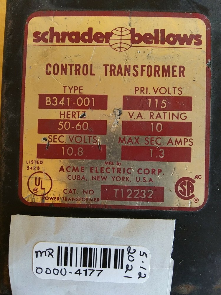 Schrader Bellows B341-001 Control Transformer T12232