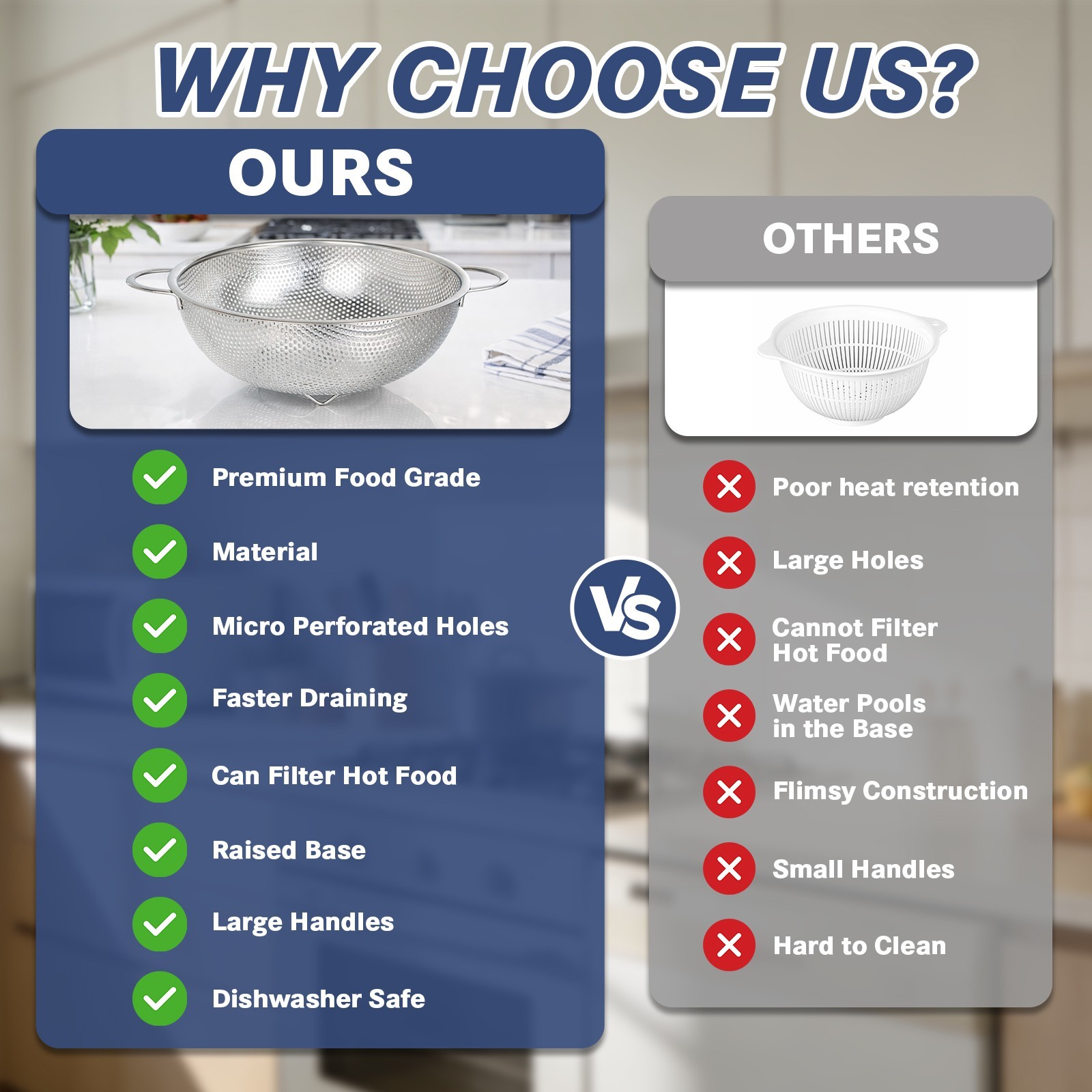 tastyWay 3Pcs Colander Set Stainless Steel Kitchen Bowl Drainer Vegetable Sieve