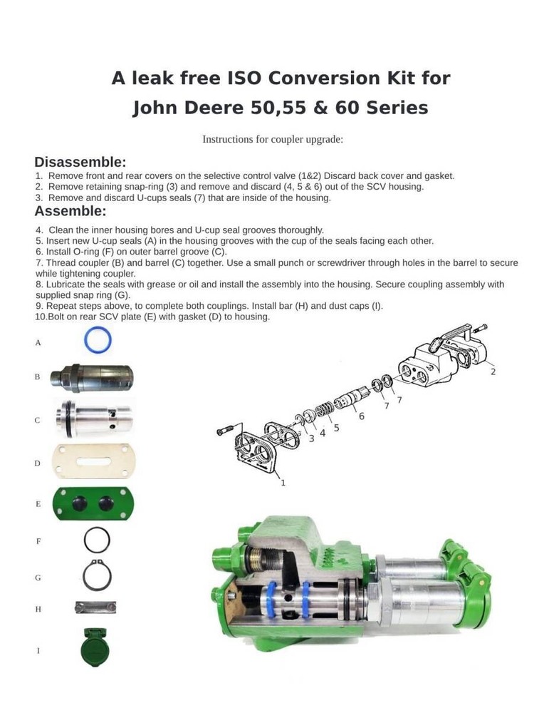 John Deere SCV, (remote valve )ISO Coupler Conversion Kit for 50-70 series