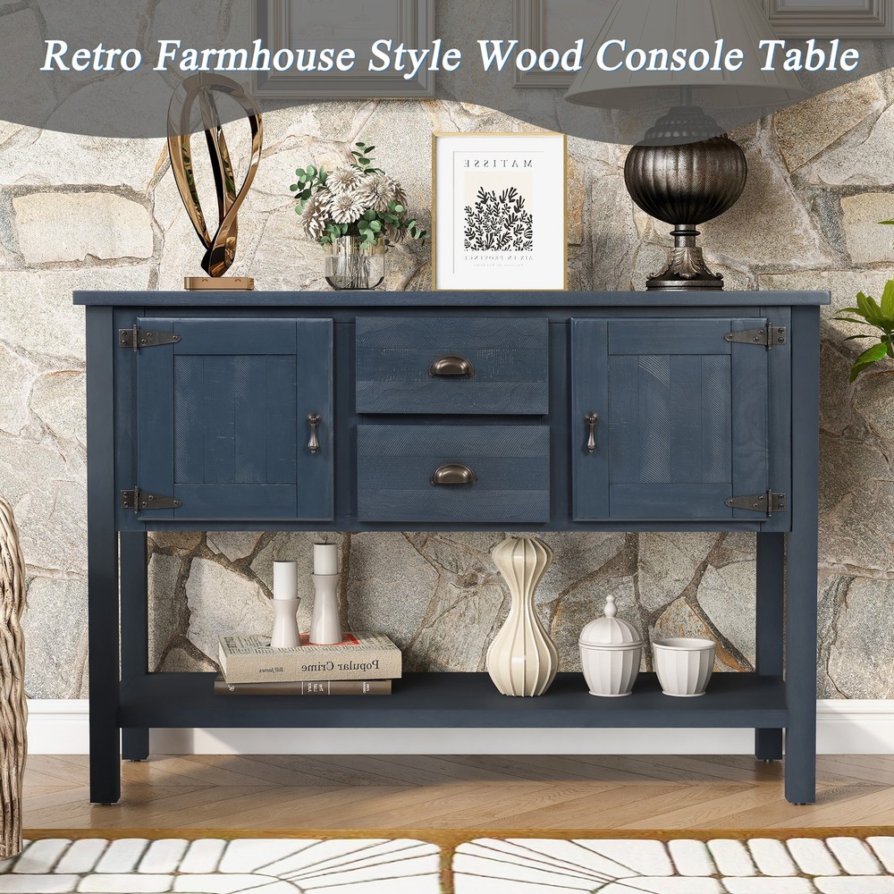 Solid Wood Sideboard Console Table w/ 2 Drawers, Cabinet, Navy Blue