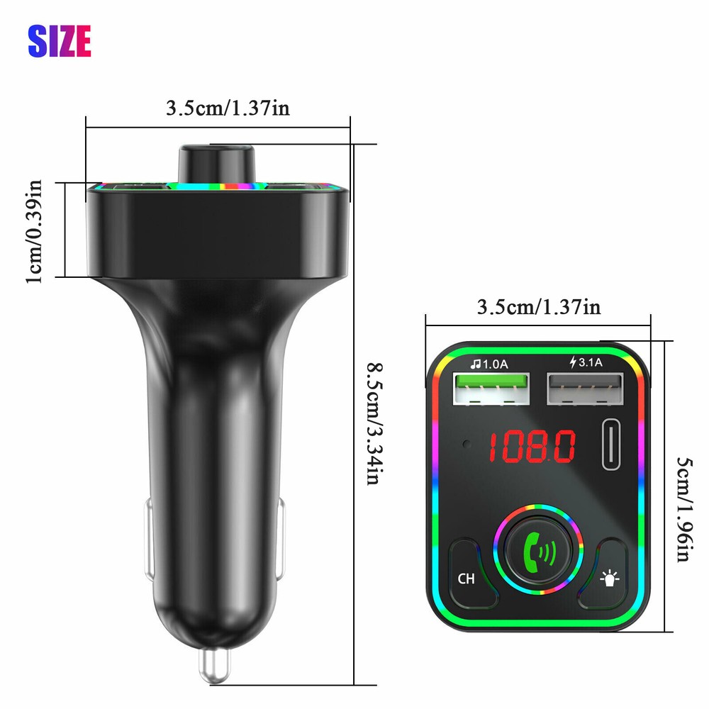 Bluetooth 5.0 Car Wireless FM Transmitter Adapter 2-USB PD Charger Colorful LED