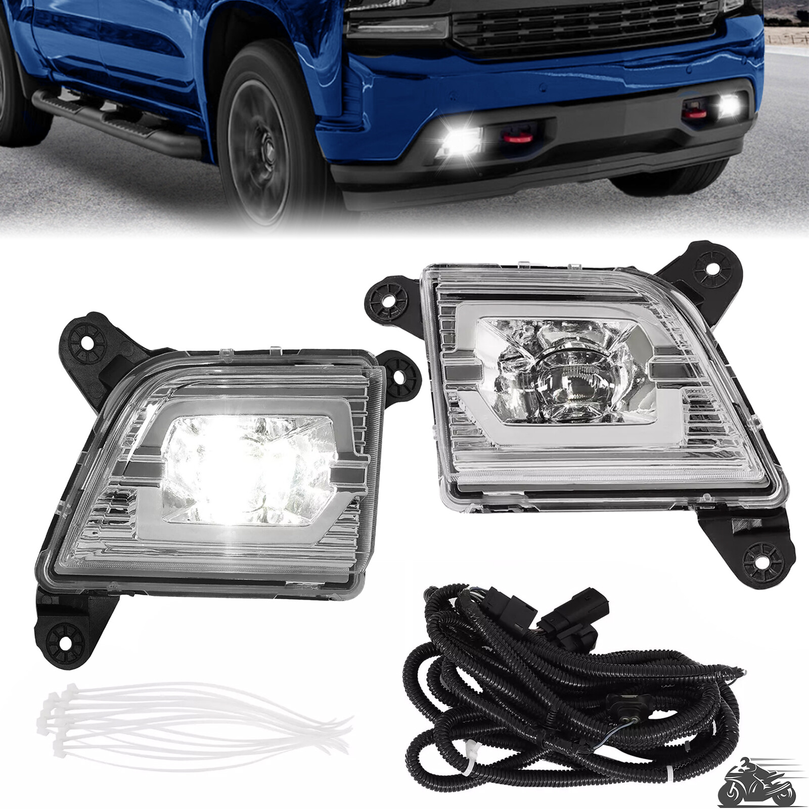 Pair Fog Lights Clear LED DRL w/ Wiring For 2019-2021 2022 Chevy Silverado 1500