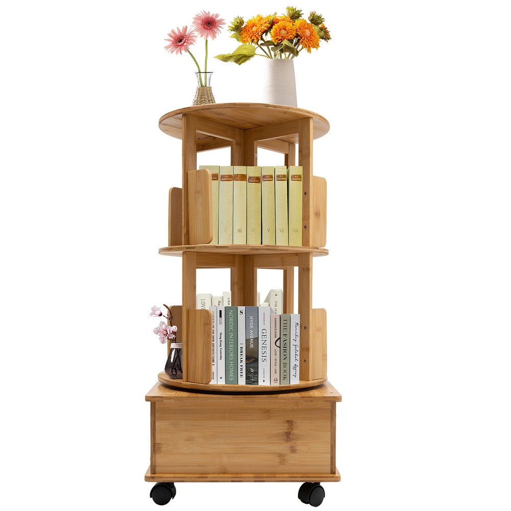 2 Tiers Rotating End Table Chinese Styles Nightstands Bedside Bookcase W/ Wheels