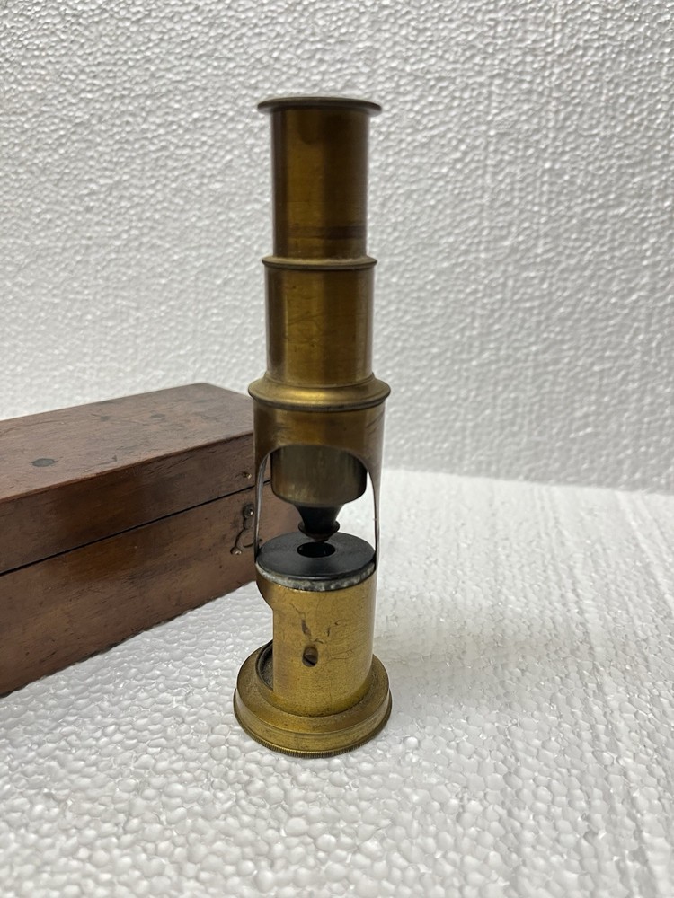 Vtg 1930s English Brass Scientists Field Microscope/ With Solid Boxwood Case