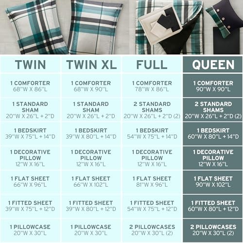 Comforter Set with Sheets, Plaid Bed in A Bag Microfiber Queen Teal/Black