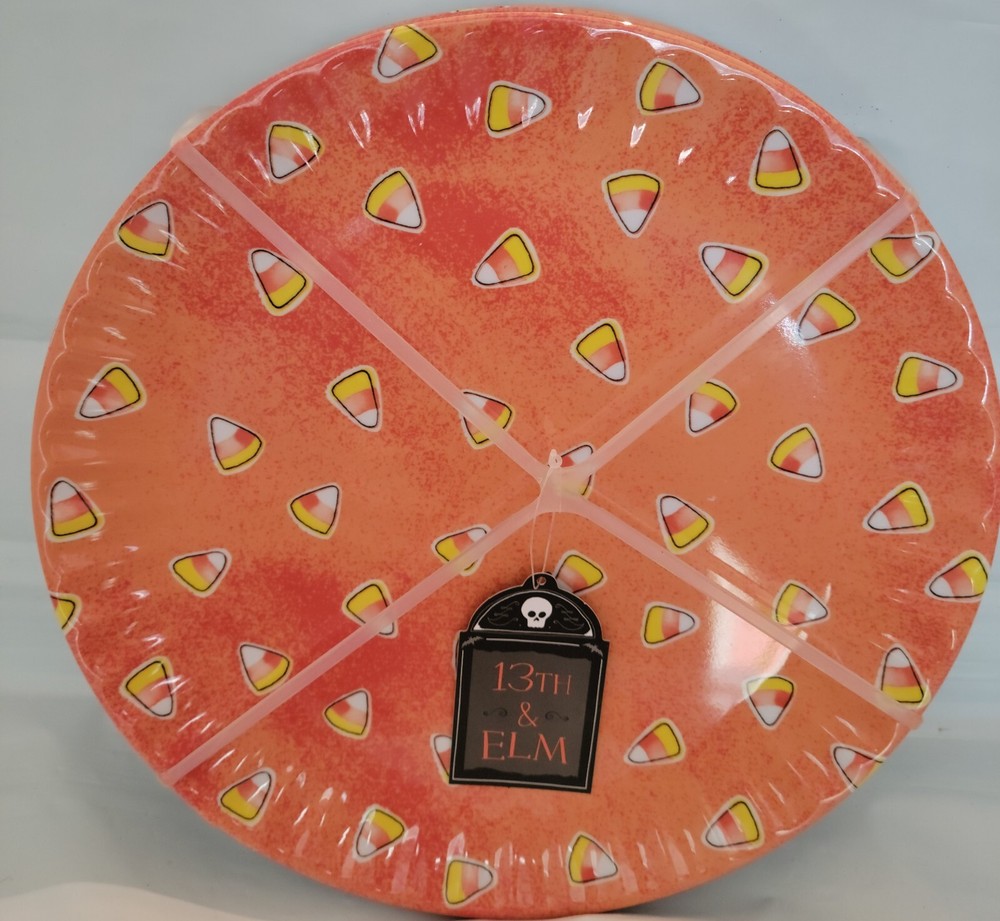 13th & Elm Halloween 8ct Melamine Dinner Plates Candy Corn Pattern 10.5” Orange