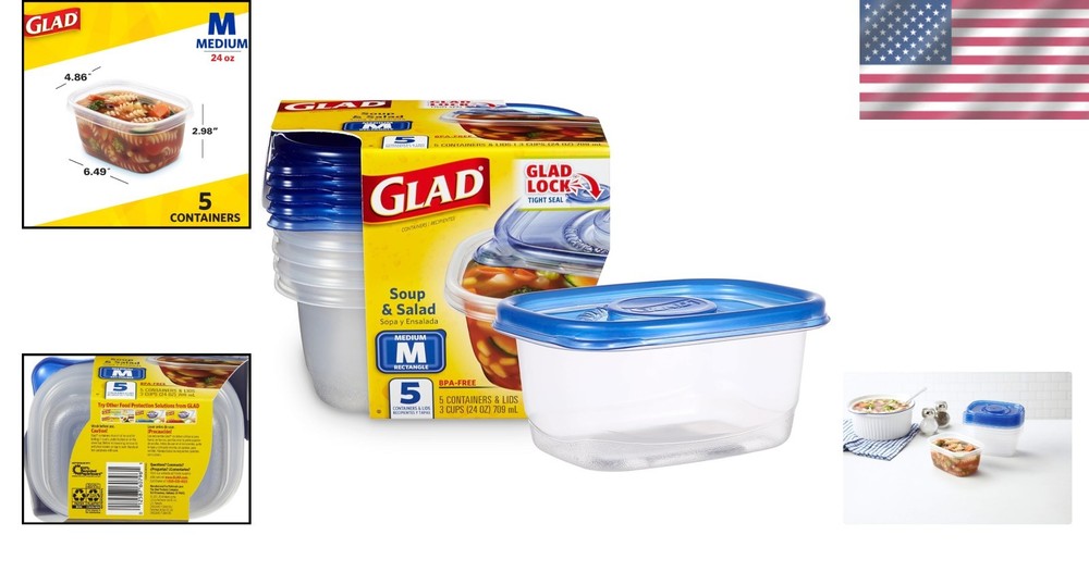 5 Pack 24 Oz Medium Rectangle Food Storage Containers - Freezer, Microwave Safe