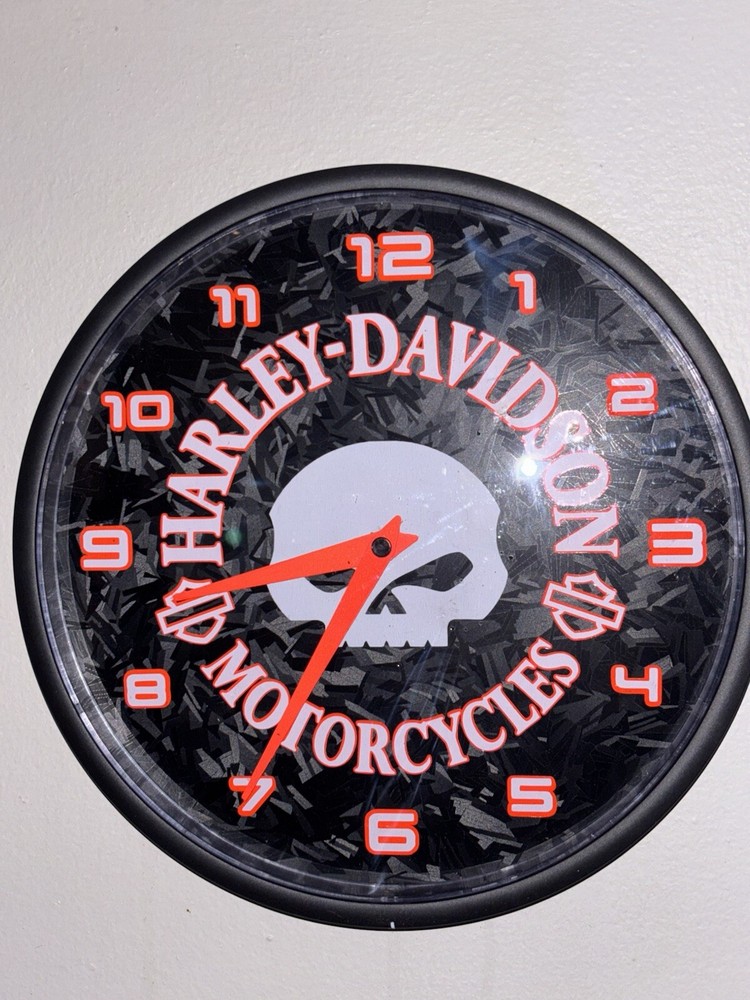 Harley-Davidson Willie G Skull Wall Clock,Neon Orange Graphics/Black Background