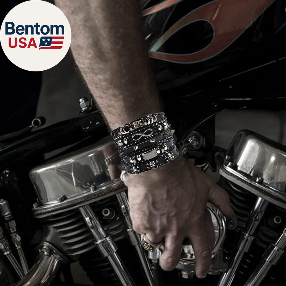 6 Pack Mens Black Leather Bracelets Set for Men Stackable Braided Cuff Bracelet