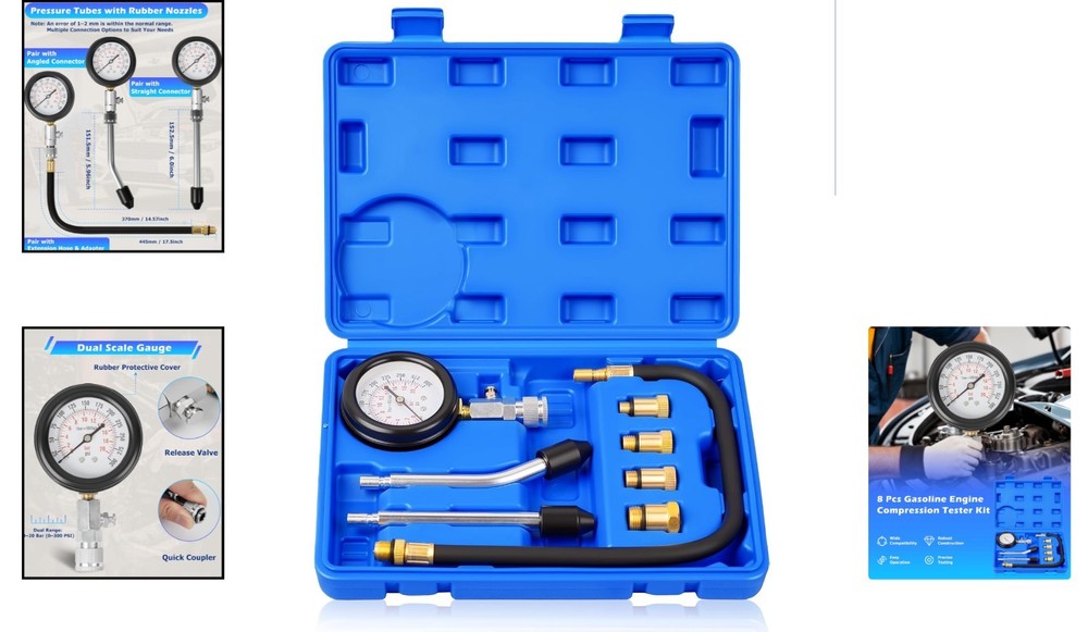 Portable Engine Compression Tester with Dual Color Gauge & Multiple Adapters