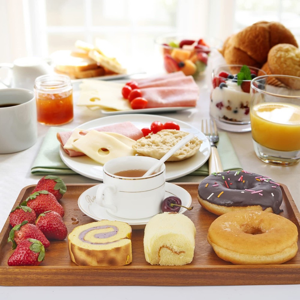 2 PCS Solid Acacia Wood Serving Trays Rectangular Wooden Serving Platters Nat...