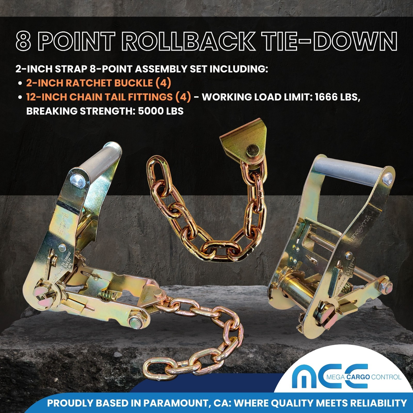 8 Point Rollback Tow Truck Tie Down Kit w/Chain End Towing USA Custom Made Black