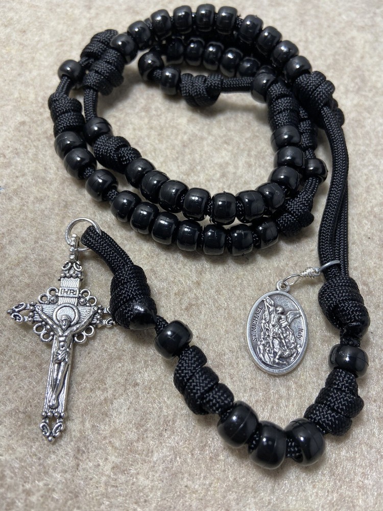 Catholic Paracord Rosary-Black Beads Rosary- St. Michael Medal - Handmade
