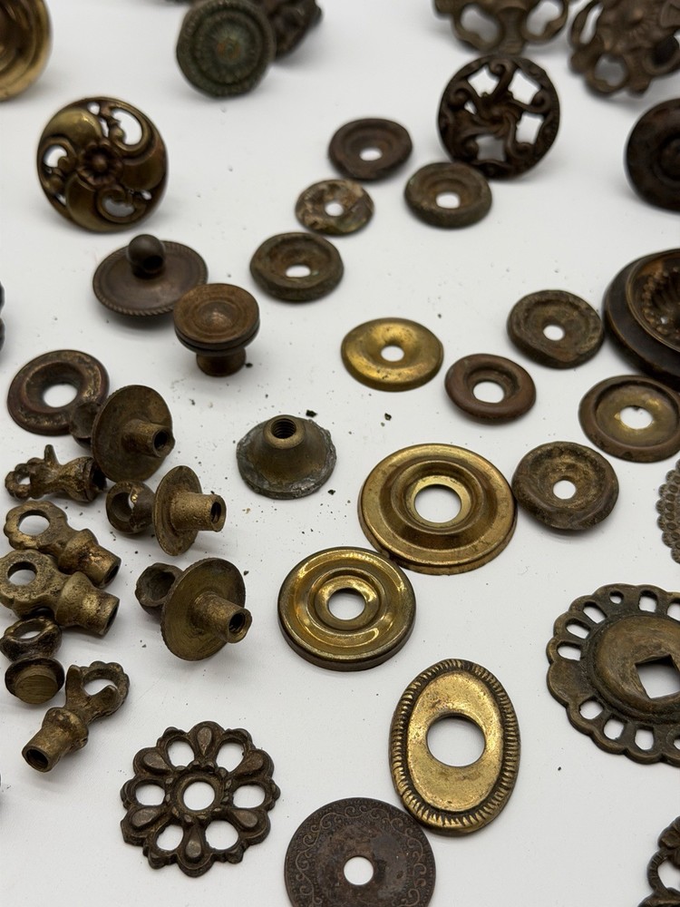 Large Lot Antique Vintage Drawer Knobs Pulls Brass Eastlake Backplates Ring Pull