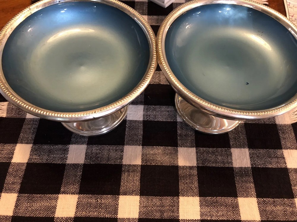 W S Blackinton Blue Enamel Lined silverplate compotes Set Of 2 See Description