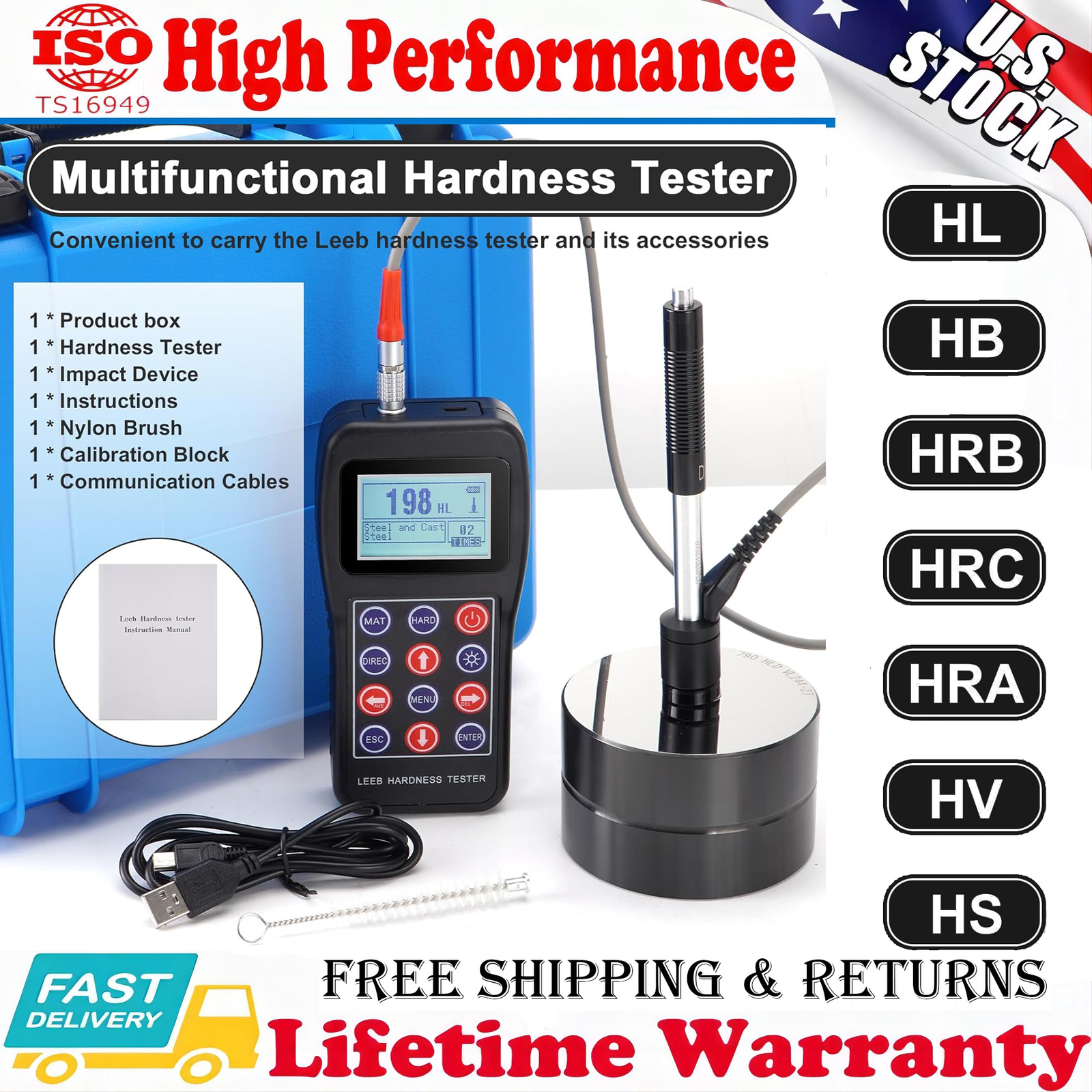 Portable Leeb Hardness Tester 7-in-1 Metal Hardness Meter with Calibration Block