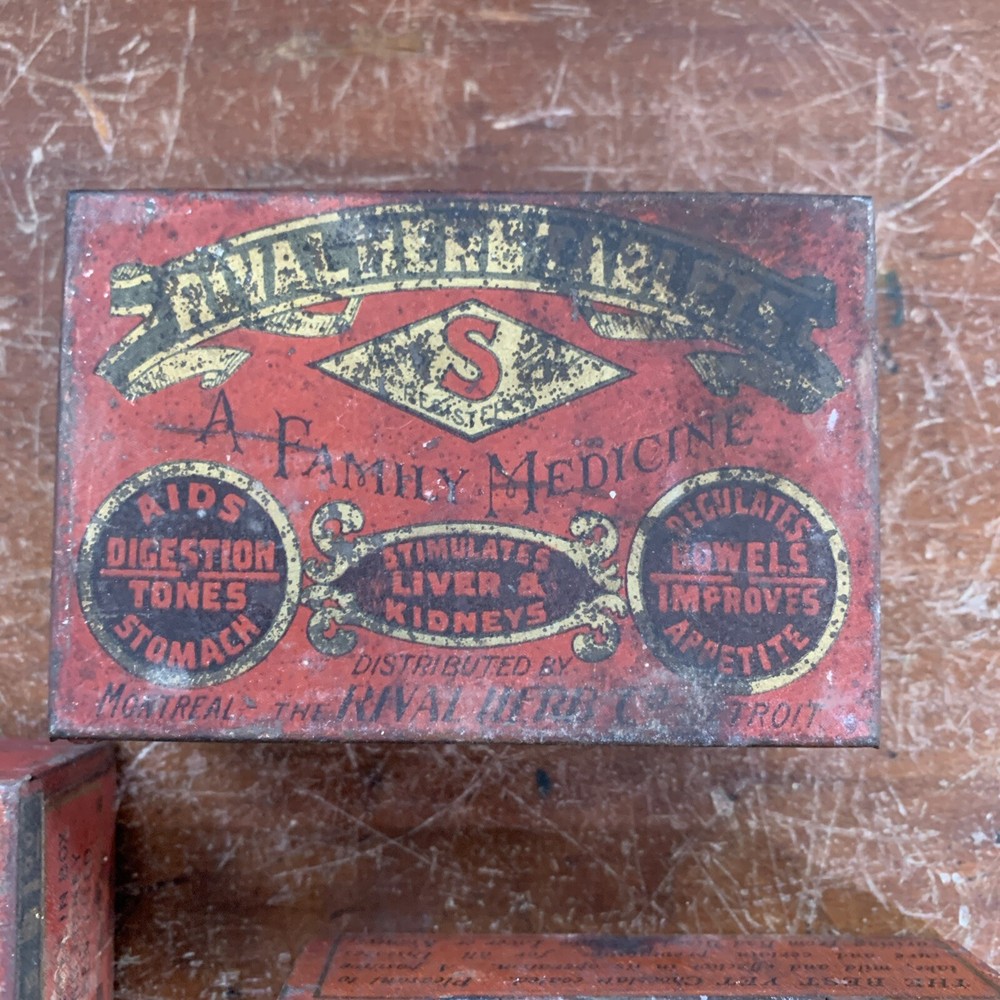 3 EMPTY ANTIQUE EARLY 1900'S RIVAL HERB TABLETS ADVERTISING TIN
