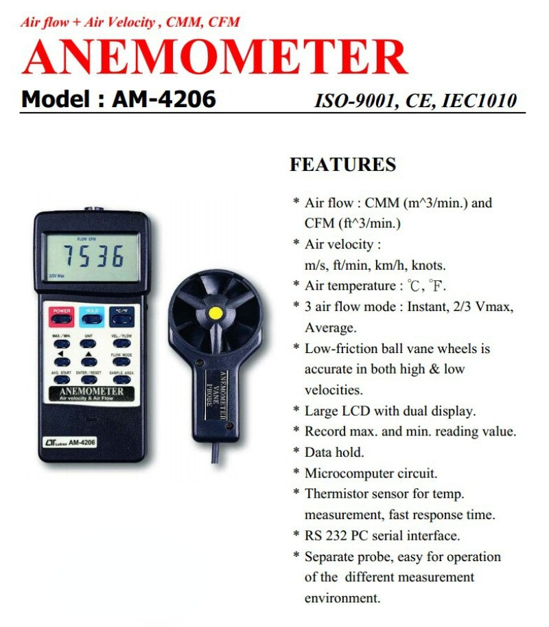AM-4206 Handheld Thermometer / Anemometer Anemometer High Precision Digital