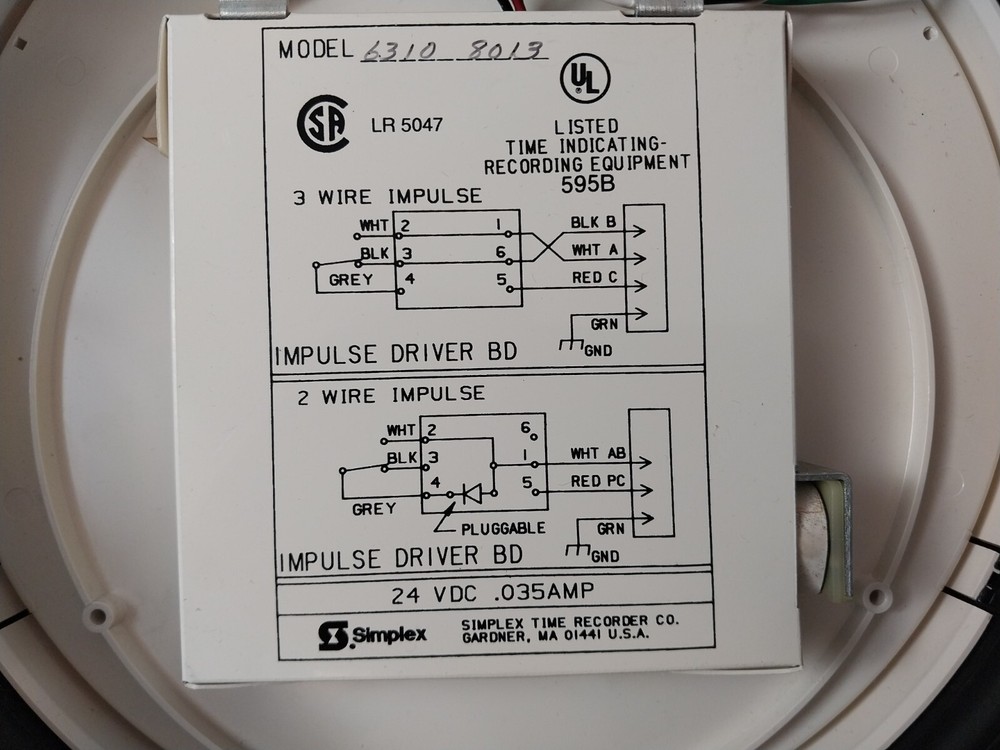 Simplex 6310 8013 Wall Clock 24 VDC .035AMP