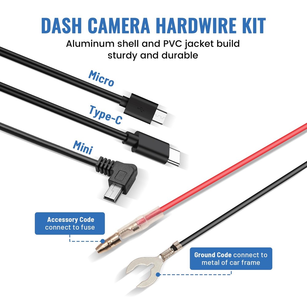 EWAY 3-in-1 Micro USB & Mini Type-C Dash Cam Hardwire Kit Car black