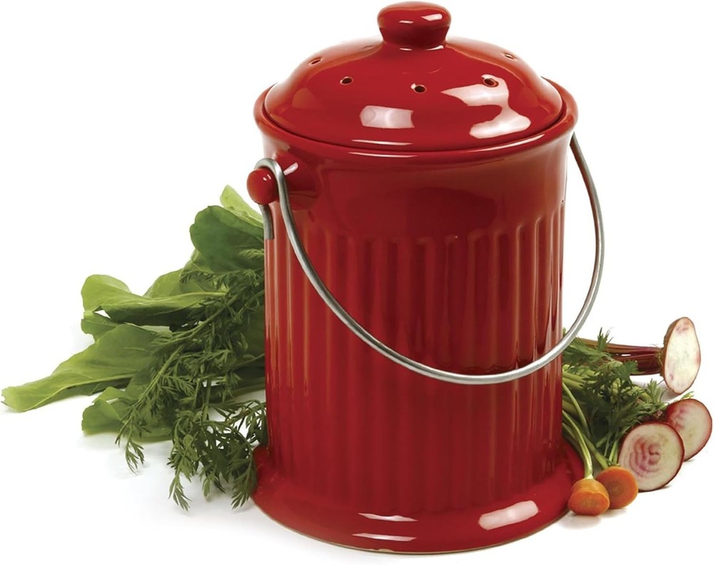 Functional 1 Gallon Red Ceramic Compost Keeper for Effortless Kitchen Use