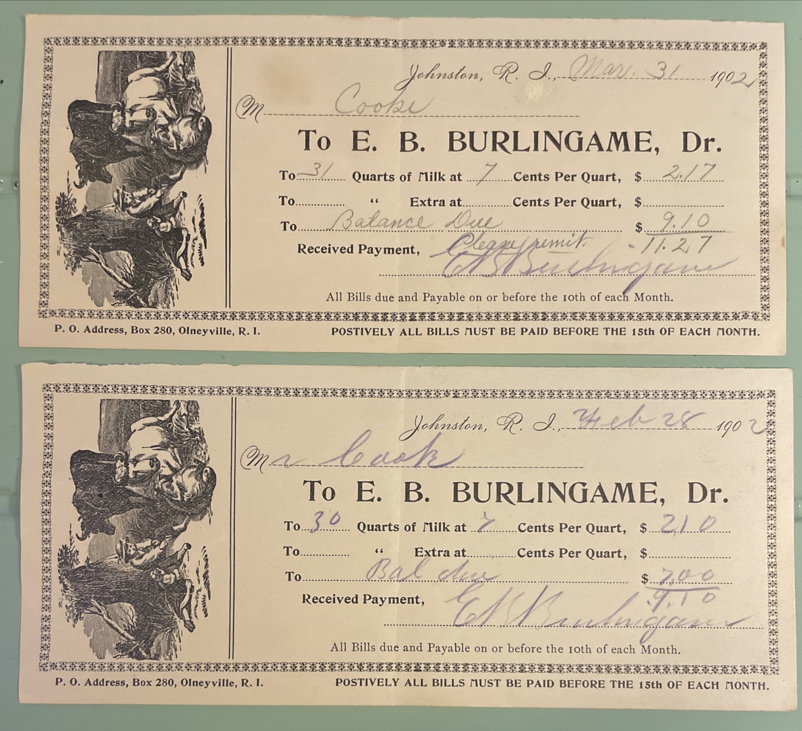 (2) 1902 Johnston Rhode Island Milk Receipts Litho Kids/cow E. B. Burlingame