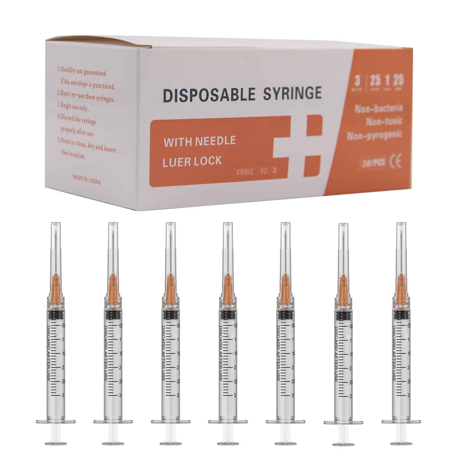 25 Gauge 1 inch Needle with Syringe(30 Pack) , 3ml Luer Lock 25G /1inch