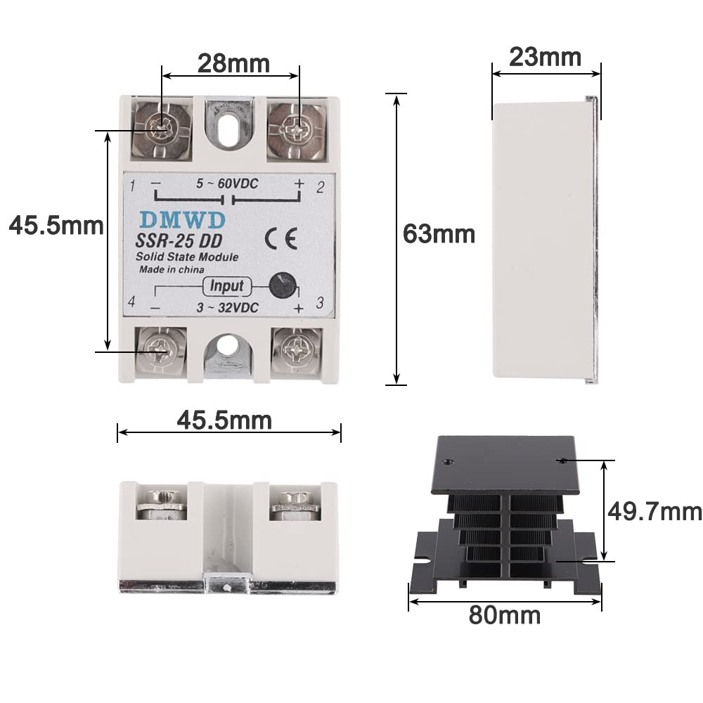 SSR-25DD Solid State Relay DC to DC (Input 3-32V DC Output 5-60V DC) with Hea...