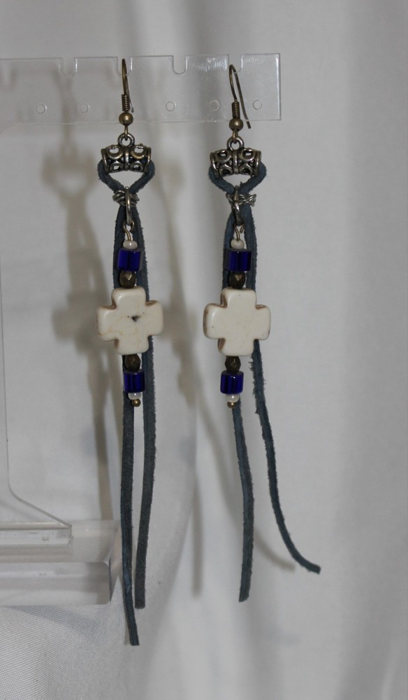 Nwt Handmade Leather Beaded Dangle Earrings