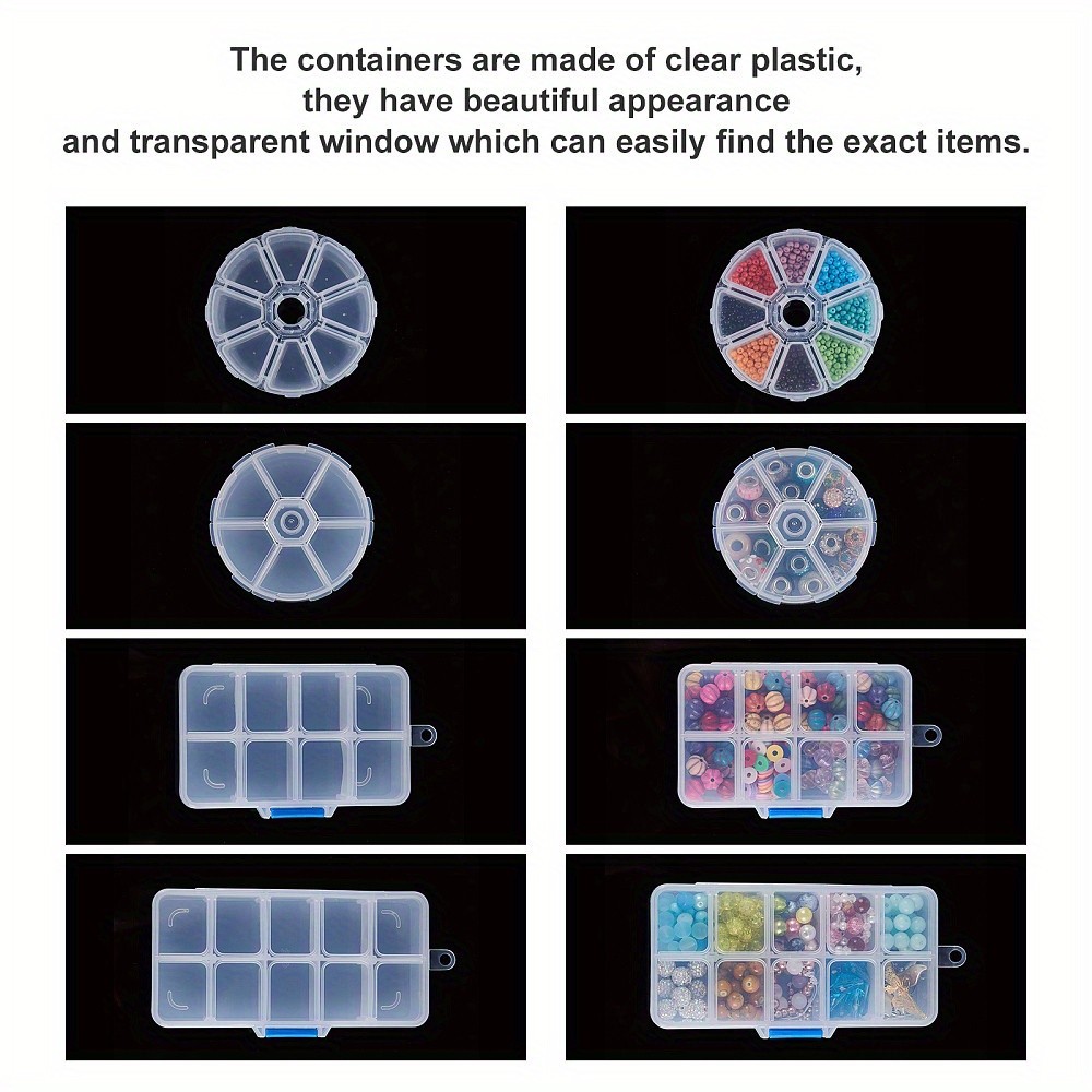1set 8pcs Plastic Bead Storage Containers Flat Round and Rectangle Clear