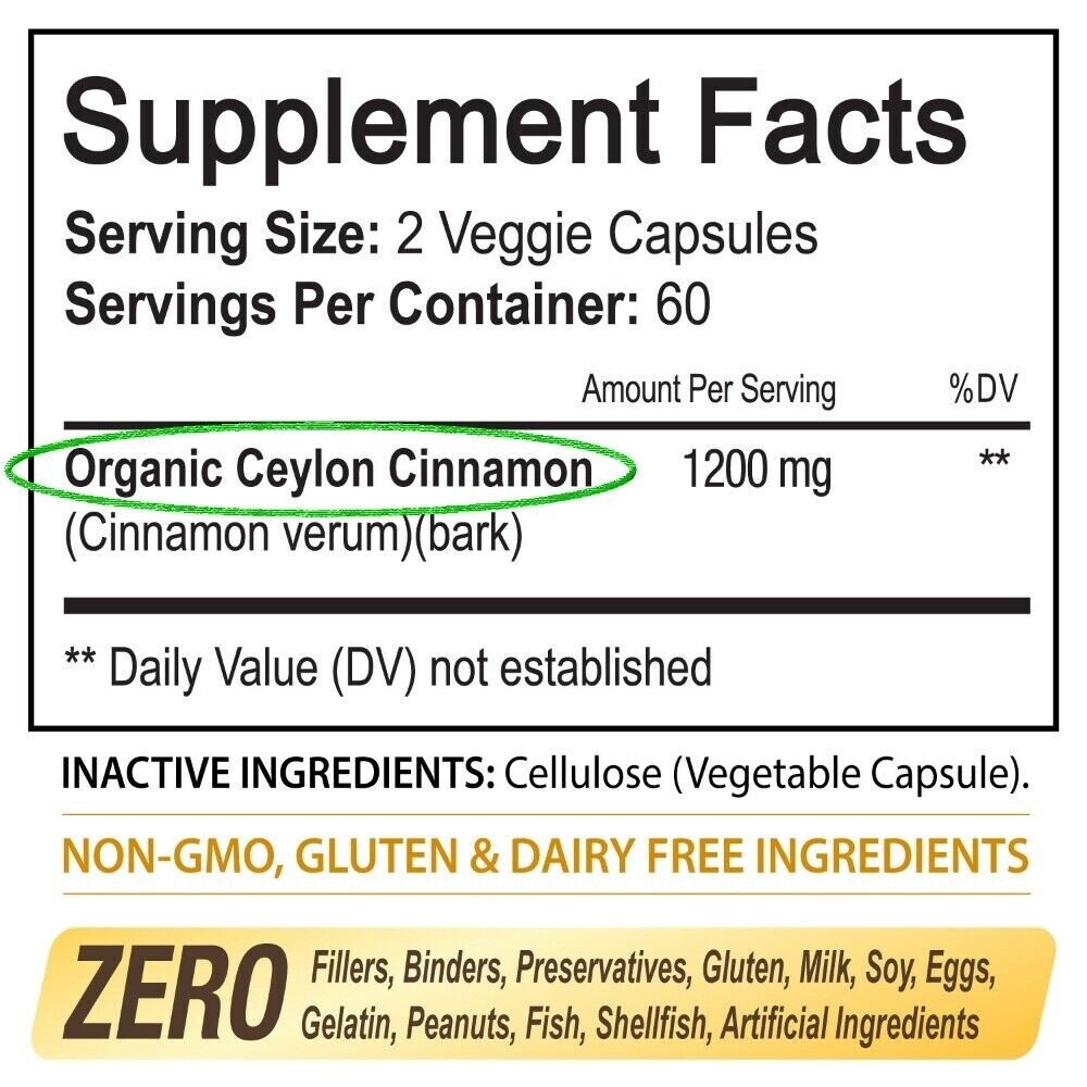 Organic Ceylon Cinnamon Capsules 1200mg - Maximum blood sugar support-120caps