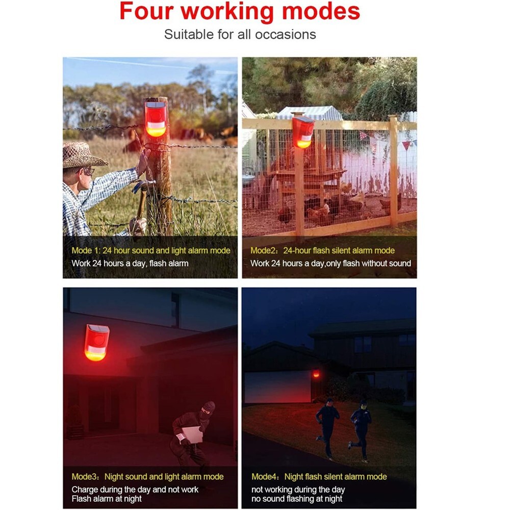 Solar Alarm LED Light Solar Strobe Light Wireless Motion Sensor Detector Outdoor