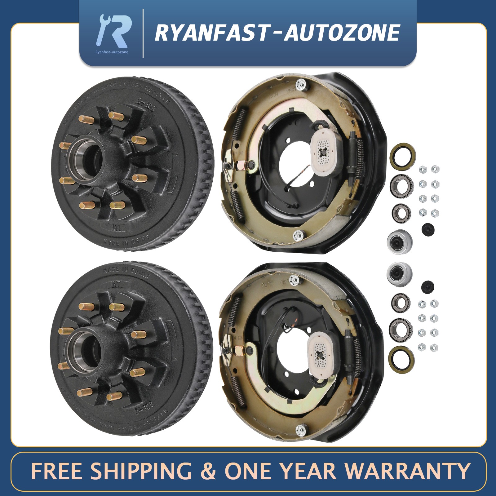 Trailer wheel hub kit 8 on 6.5" Bolt w/ 12" x 2" Left and Right Electric Brake