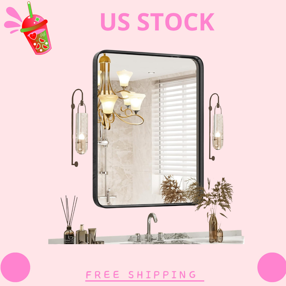 Modern Matte Black Vanity Mirror (36x24) - Rounded Rectangle Bathroom Mirror