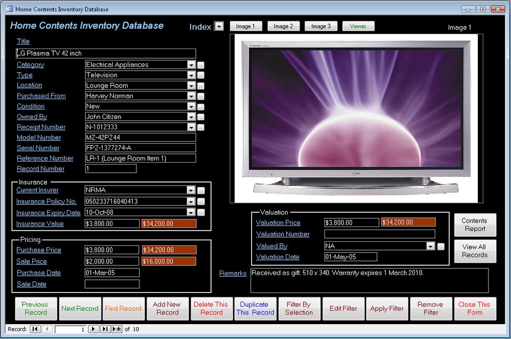 Home Contents Inventory Database Software CDROM for Windows