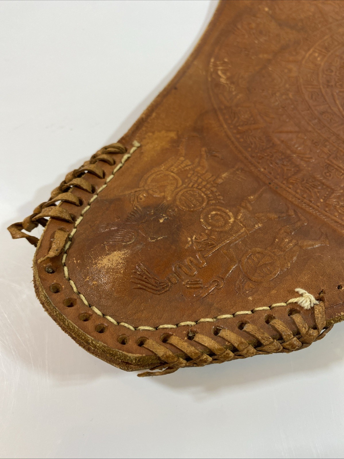 Vintage Leather Tripod Stool Cover Mexican Aztec Calendar Saddle Hand Tooled