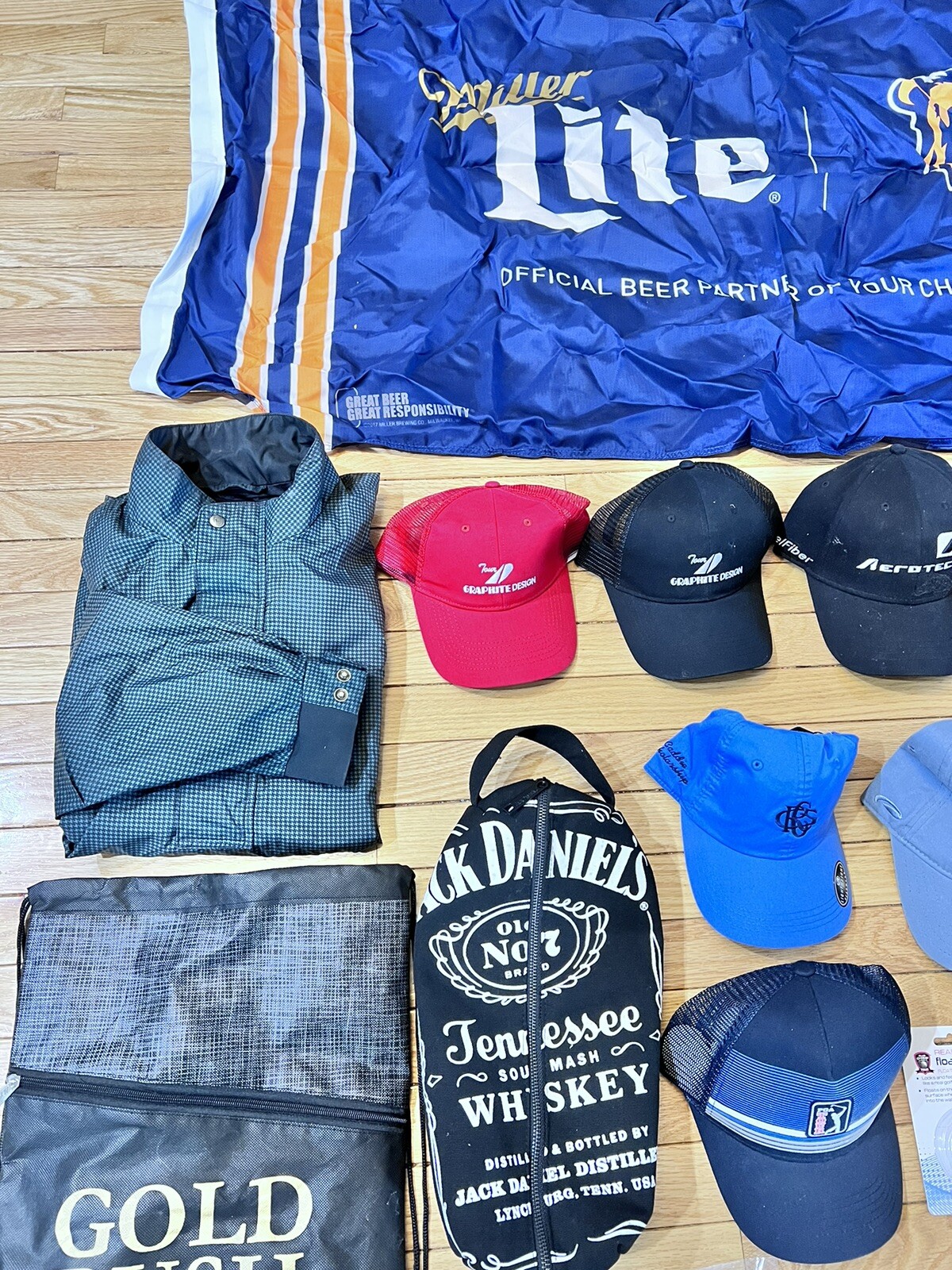 *Lot Of Golf Accessories, FJ Rain Pullover, Hats, Backpacks, Shoe Bag Towels Etc