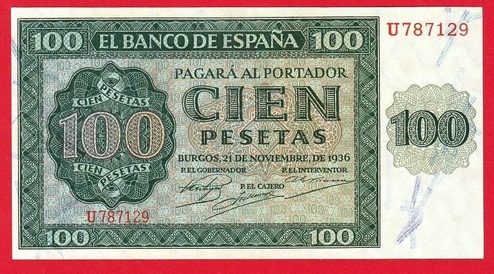UNC, 100 Pesetas, 1936,  Serial U, SPAIN