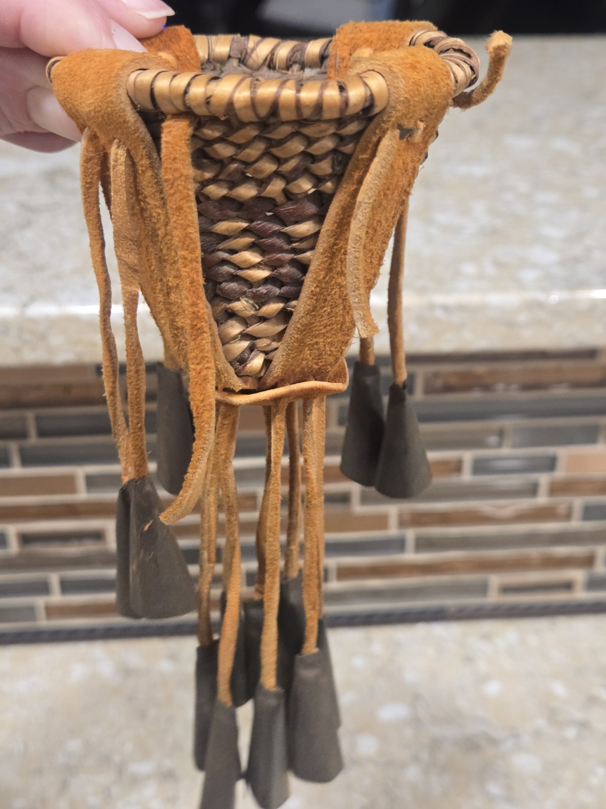Vintage Miniature Native American Apache Burden Basket with Tipped Tassels
