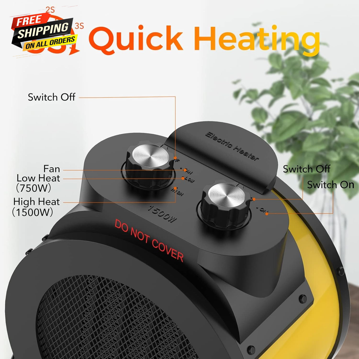Space Heaters for Indoor Use, 1500W PTC Electric Heater (Yellow) ✅