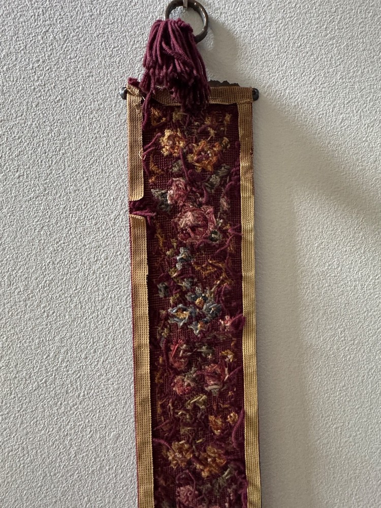 VINTAGE 63” NEEDLEPOINT BELL PULL ORNATE BRASS GRAPE HARDWARE HAND EMBROIDERED
