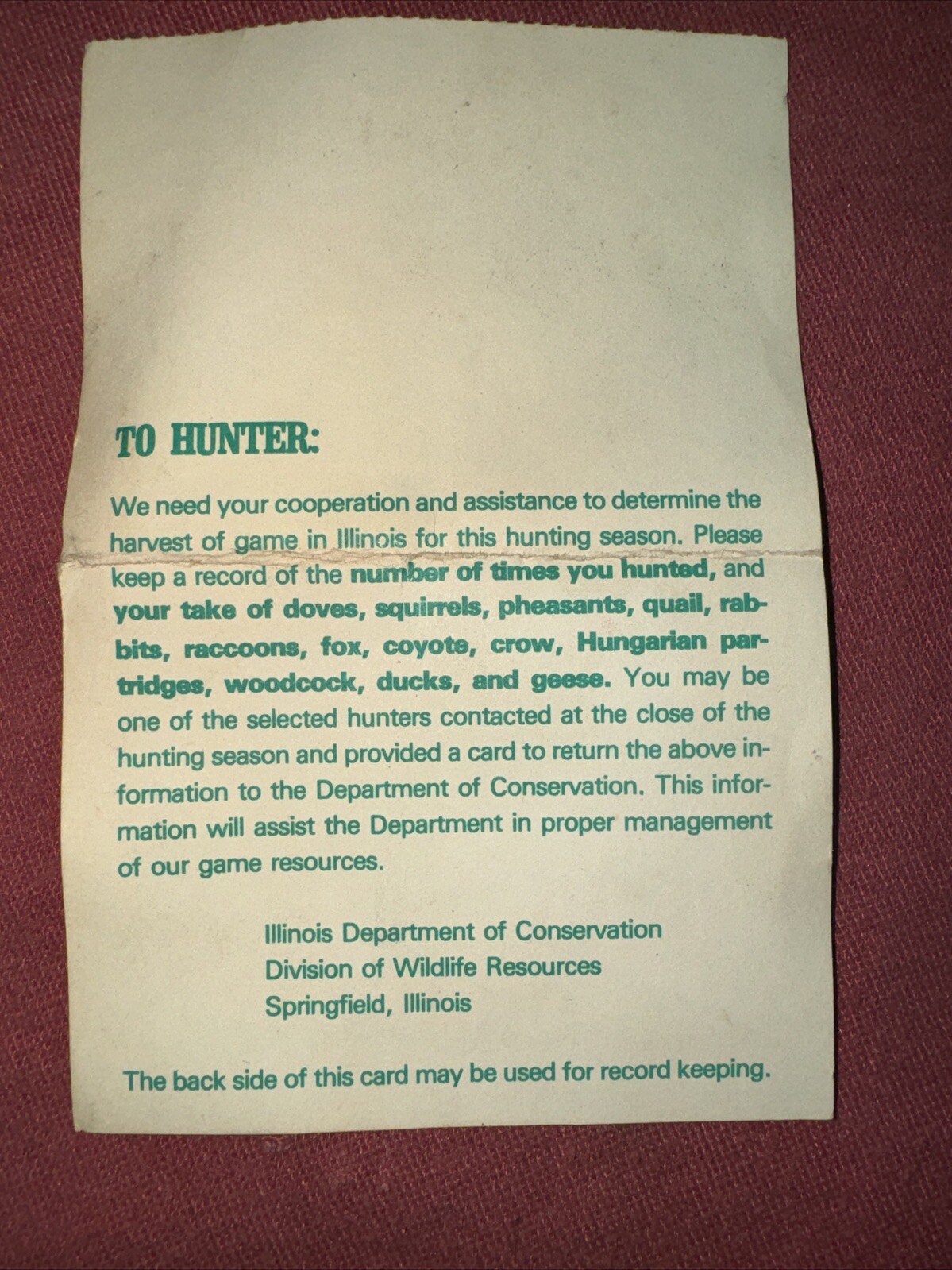 Illinois Department Of Conservation Game Tracking Card. 1988-1989 Season.