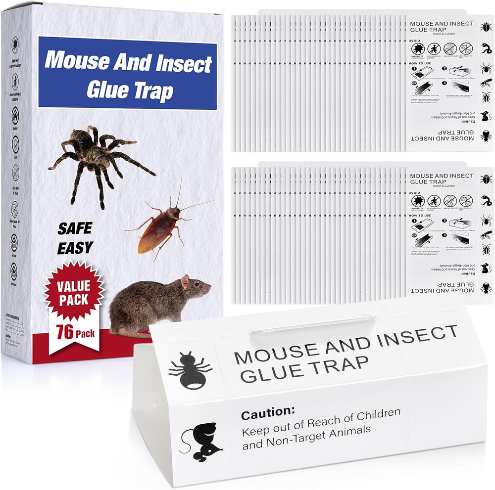Mouse & Bugs Roach Spider Insect Traps, 76 Pack Glue Traps for Mice Ant Snake Ra