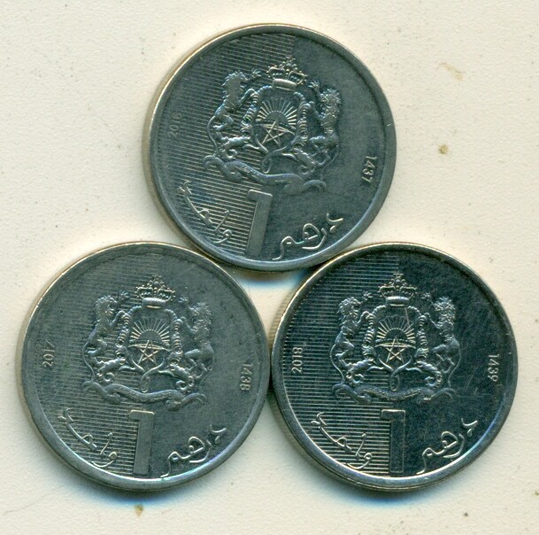 3 NICE 1 DIRHAM COINS from MOROCCO (2016, 2017 & 2018)